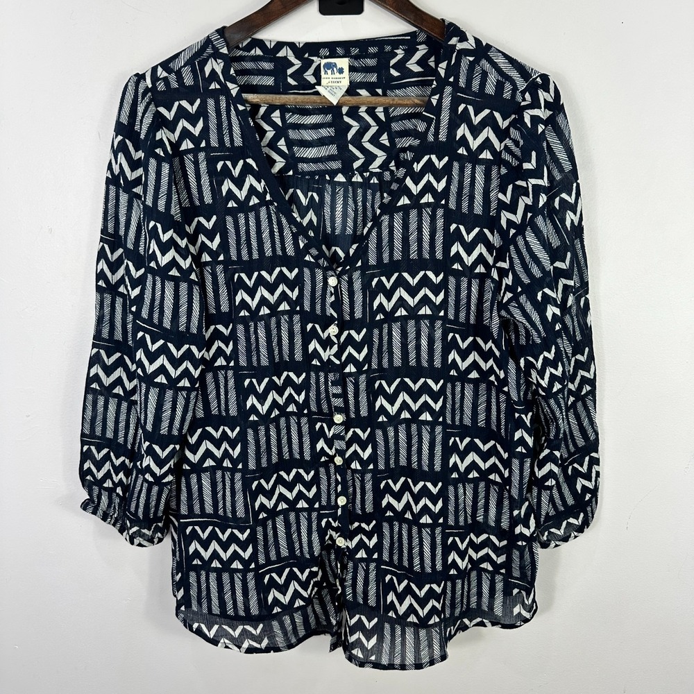 John Robshaw Lucky Brand Gauzy Button Up Top Women XL Blue Geometric Boho Resort